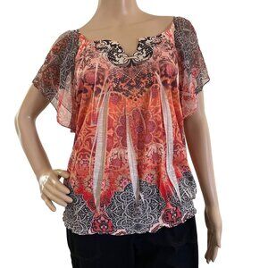 Apt 9 Womens Blouse Top with Flutter Short Sleeves Sz L Paisley Floral Pattern